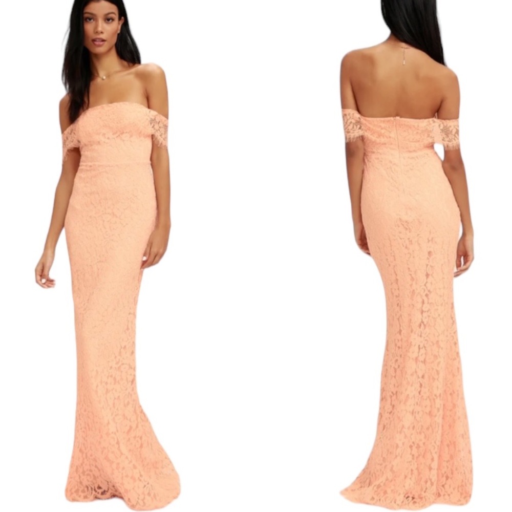LN Lulu’s Romantic Heart Blush Pink Peach Lace Off The Shoulder Maxi Dress - S